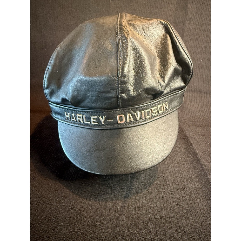 Harley Davidson Vintage Black Genuine Leather Newsboy Motorcycle Biker Hat USA